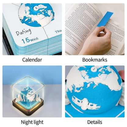 2024 Calendar Blue Earth Astronauts Omoshiroi Block 3D Memo Pad Paper Sticky Notes Tree House Earth LED Light Gift Items